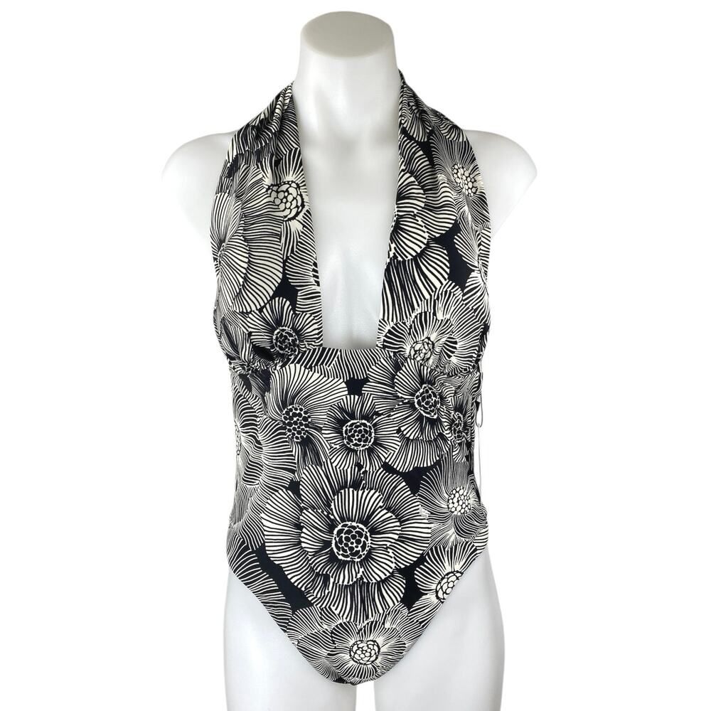 NEW Express Body Contour Black White Floral Plunge Halter One Piece Swimwear M